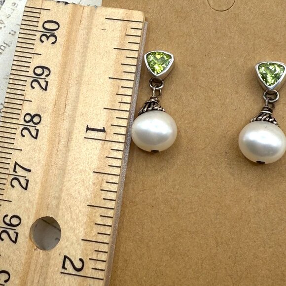 Sterling Silver Green Peridot White Pearl Drop Earrings 925 Pierced Posts - Picture 6 of 9